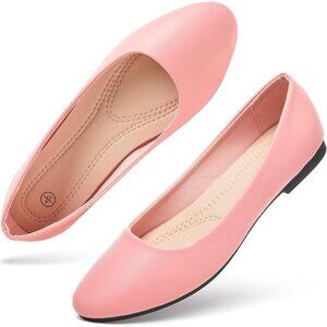 Women's Peach PU Leather Closed Toe Slip on Comfortable Ballet Flats Shoes